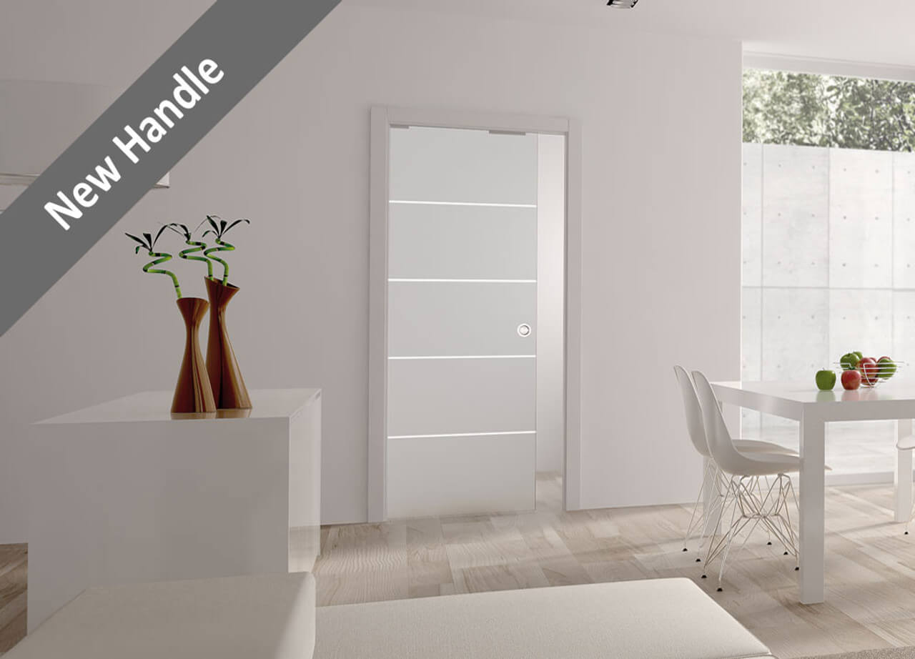 CLASSIC SINGLE STRIPED SATIN 8MM GLASS POCKET DOOR ECLISSE 115MM - STAINLES STEEL ROUND HANDLE 